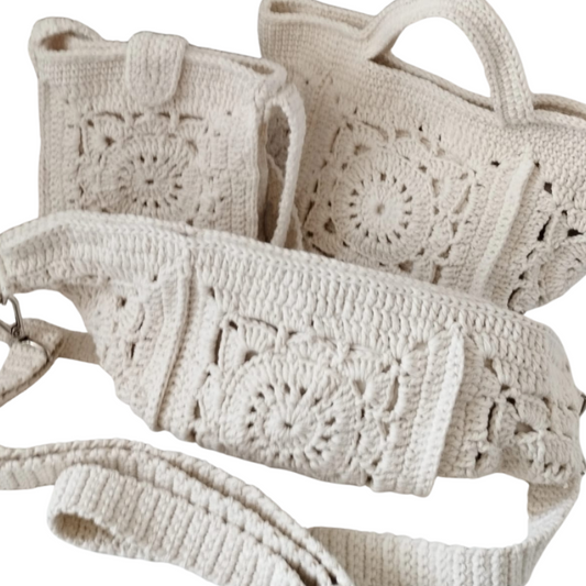 Kit 3 Bolsas Zen em Crochê – Algodão Natural